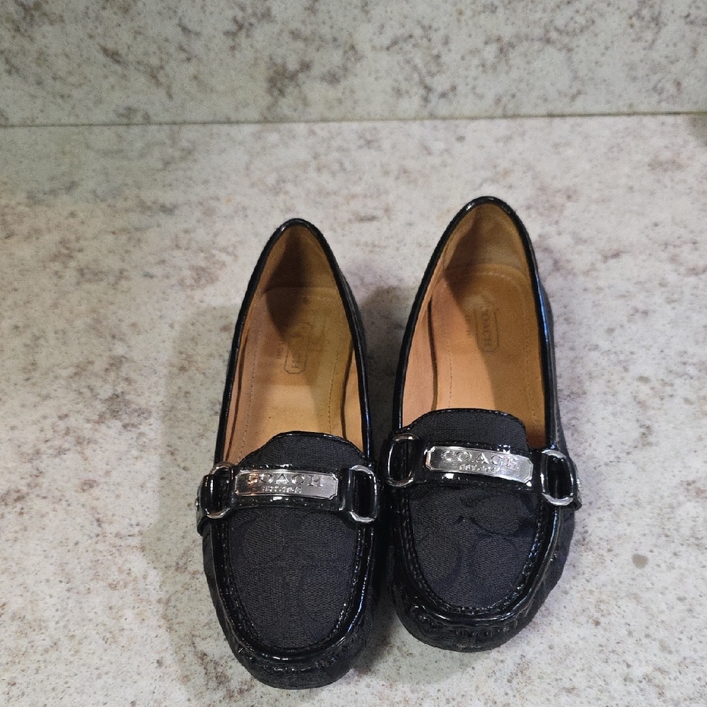 Coach Felisha Signature Jacquard Black Loafers with Silver Buckle